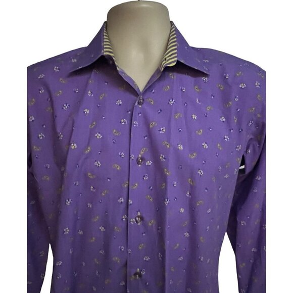 Jared Lang Mens Purple Paisley Button Up Shirt Medium Flip Contrast Collar Cuffs - Picture 5 of 9
